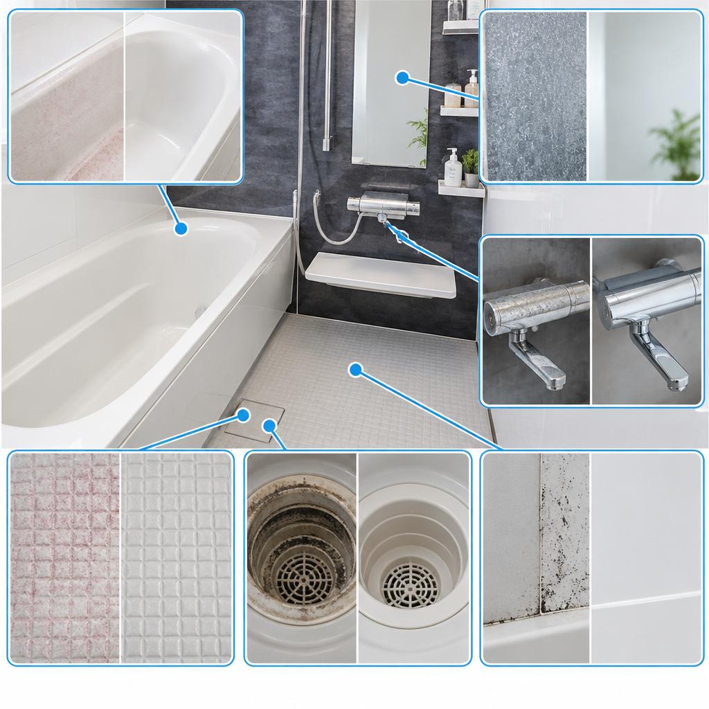 汚れの種類に合わせて、浴室の隅々まで丁寧に洗浄
