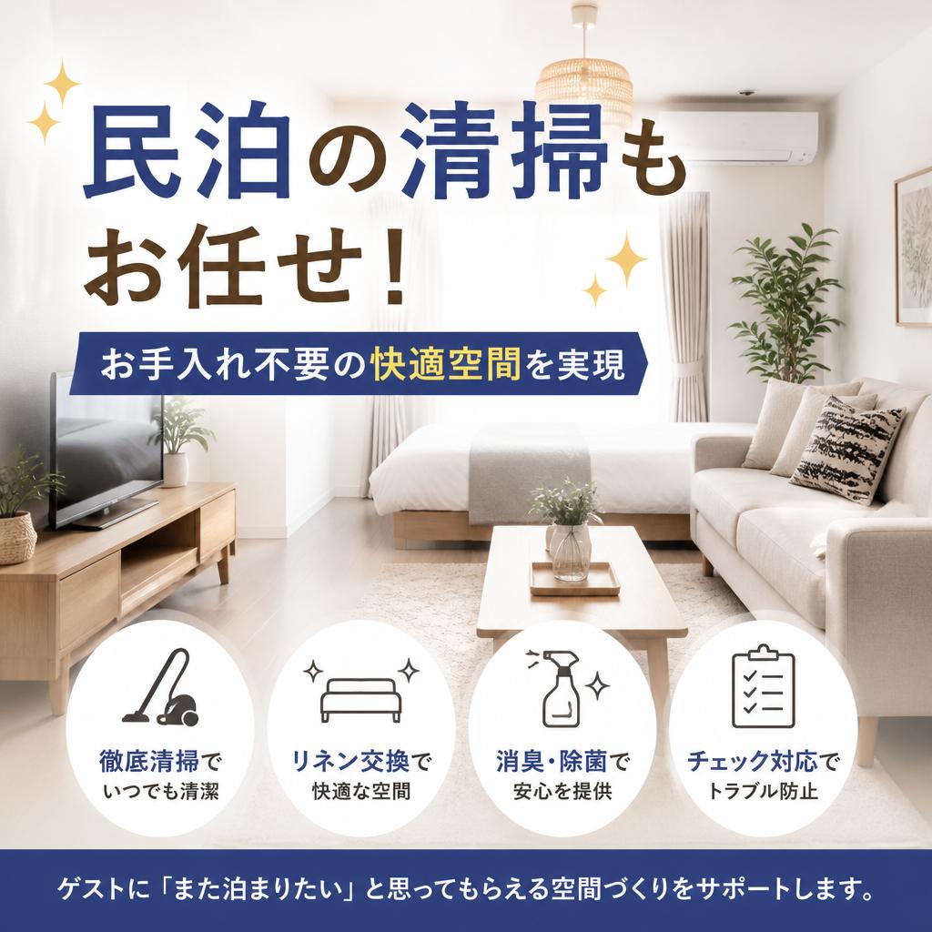民泊の清掃もお任せ！お手入れ不要の快適空間を実現